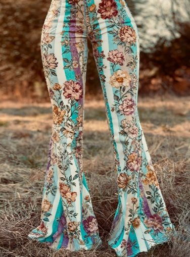 Vintage Bohemian Style Floral Print High-Waisted Flared Pants