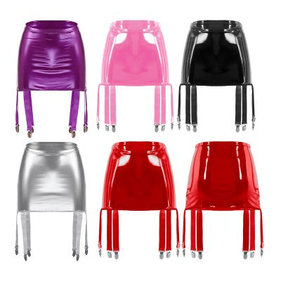 Sexy Damen Wetlook PVC Leder Rüschenröcke Party Low Waist Eingebaute Strings Minirock mit Strumpfhalter Metallclips Set Club
