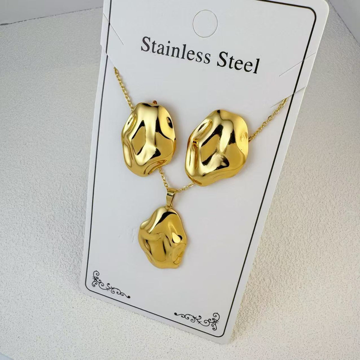 New Stainless Steel Plated 18k Gold Necklace Earring Set
