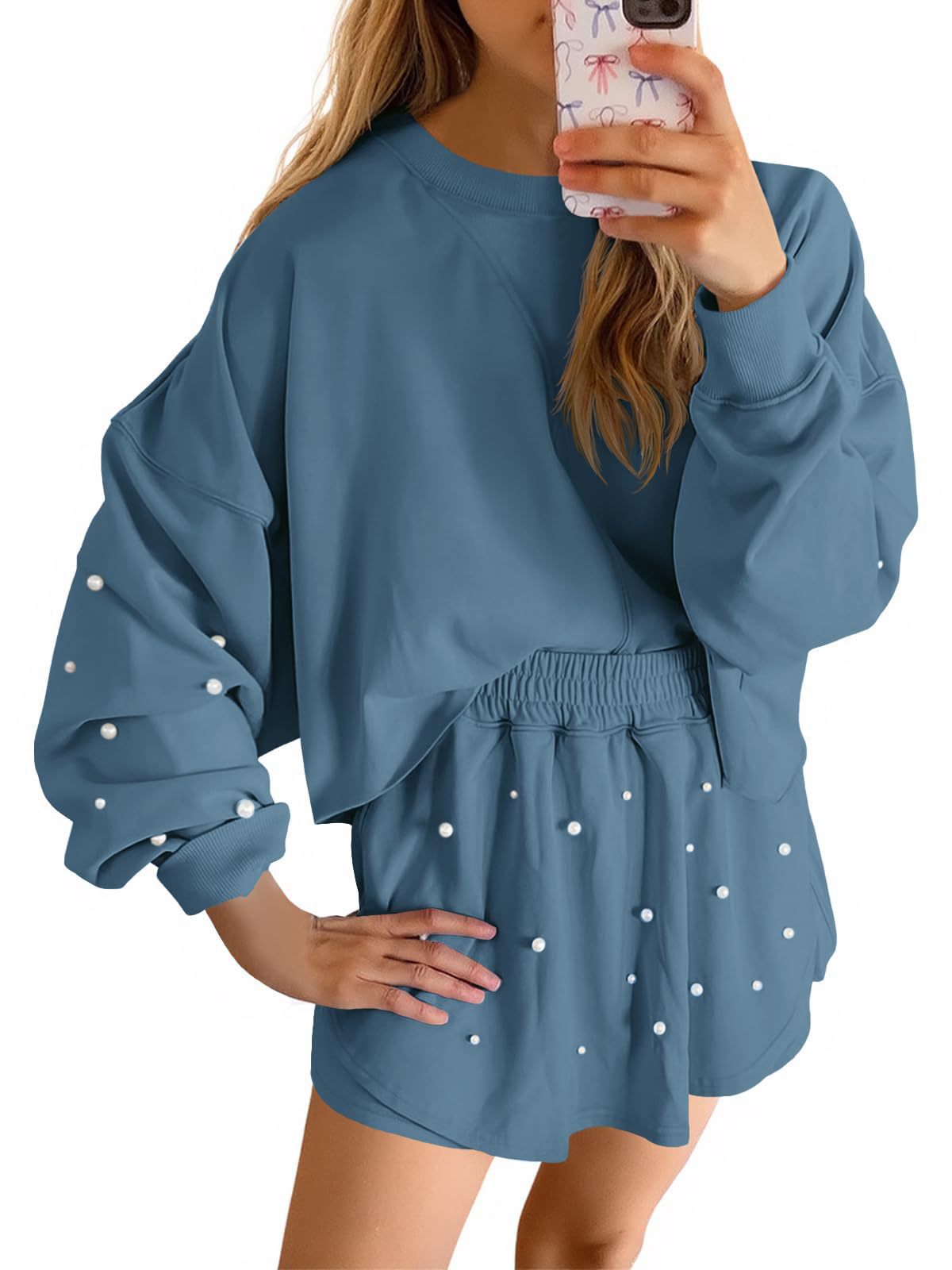 Womens Casual Long-sleeve Top And Shorts Set