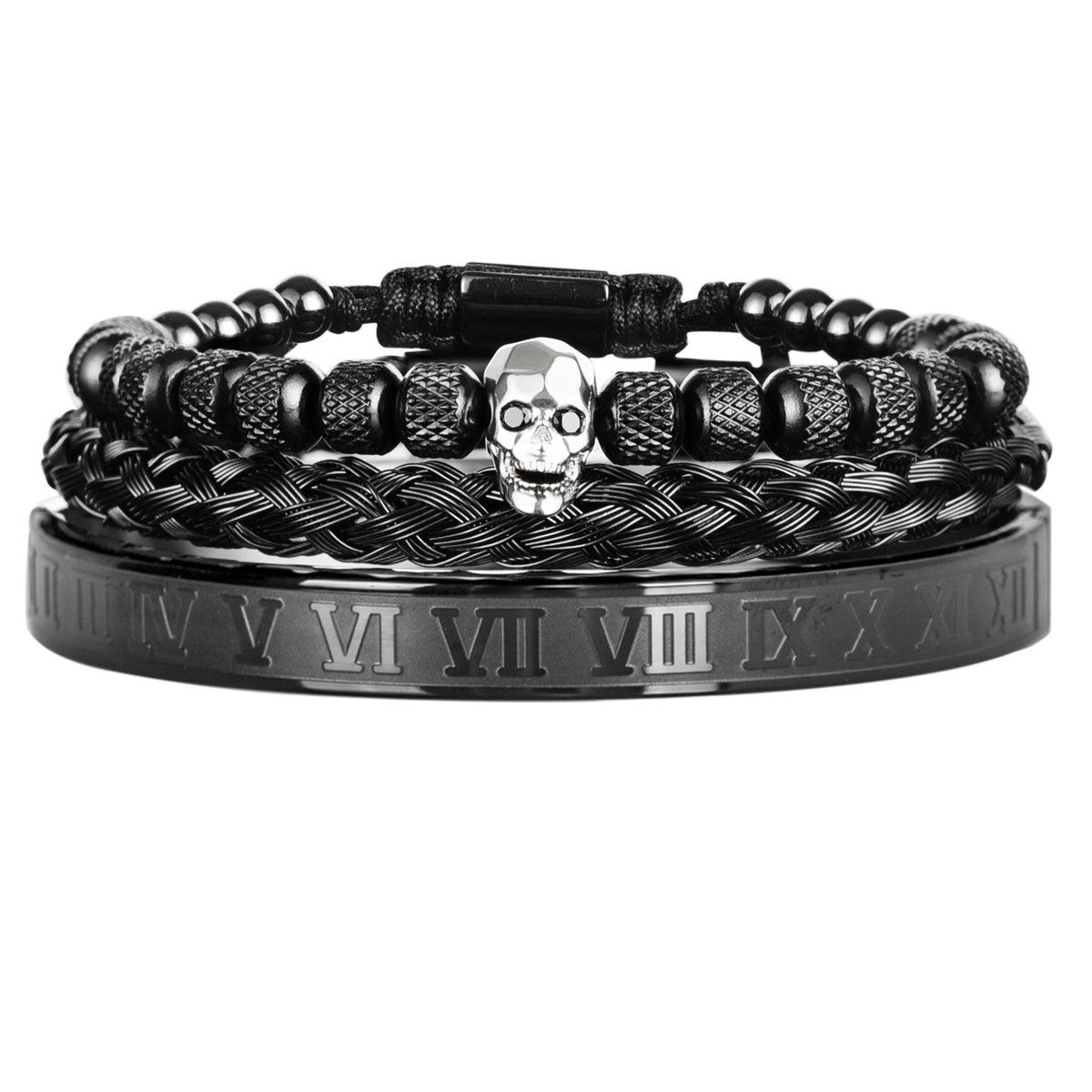 Cross-Section Ghost Head Braided Bracelet Set In Stainless Steel