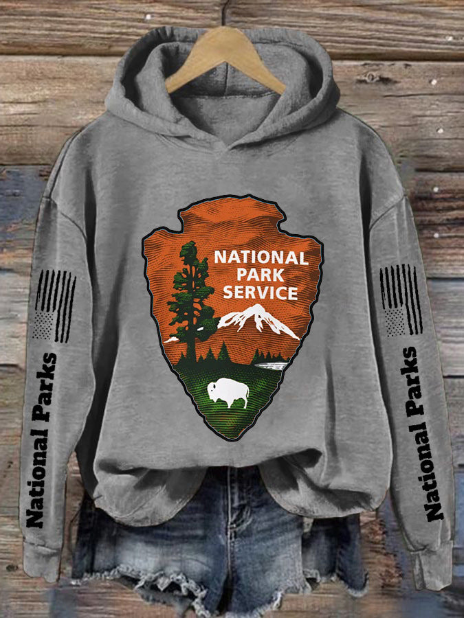 Womens Hooded Sweatshirt With A Forest And Mountain Peaks Design