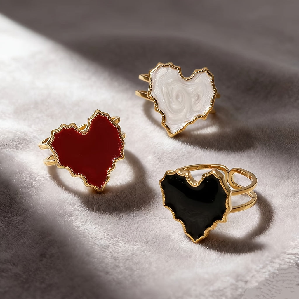 French Retro Heart Ring, Red Black White Enamel Heart Band, Minimalist Luxury Personalized Ring, Stainless Steel Heart Gold Frame Open Adjustable Ring