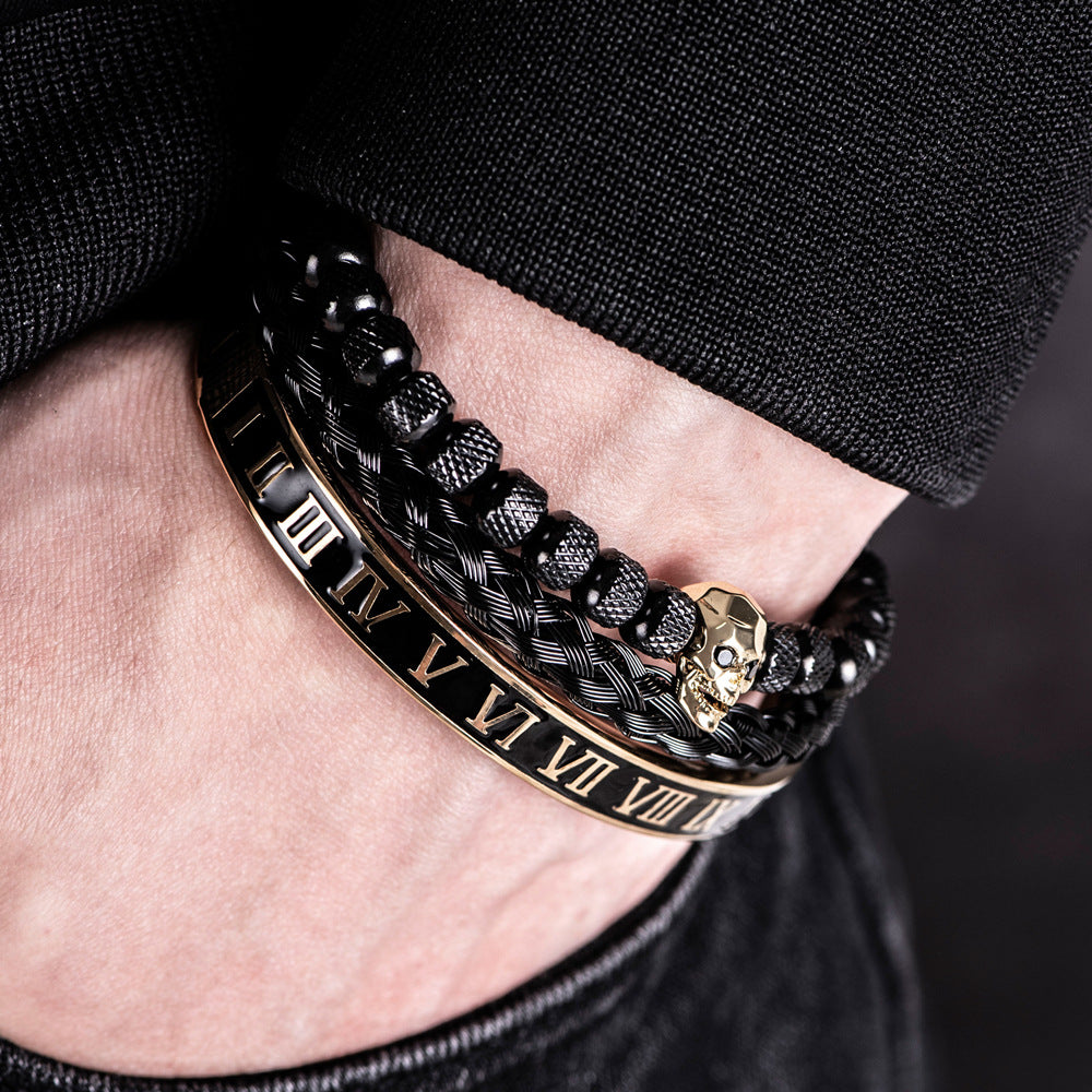 Cross-Section Ghost Head Braided Bracelet Set In Stainless Steel