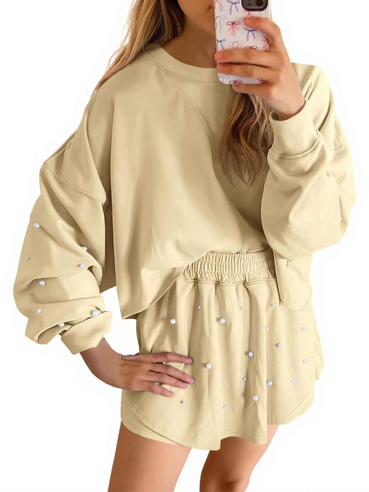 Womens Casual Long-sleeve Top And Shorts Set