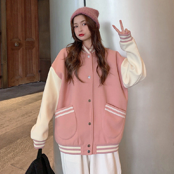 Womens Fashionable Preppy-Style Casual Crew-Neck Jacket