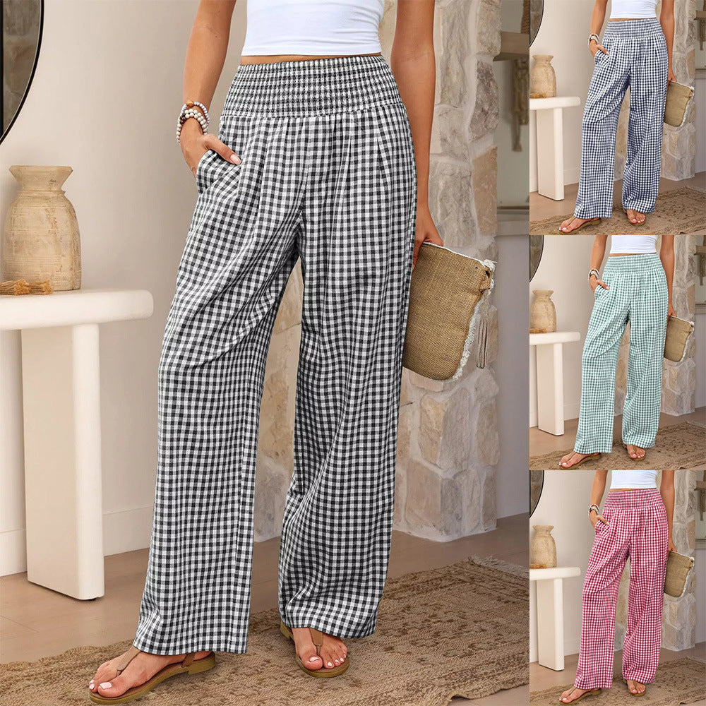 Plaid Casual Trousers Loose-fit Womens Fashion Wide-leg Pants With Pockets