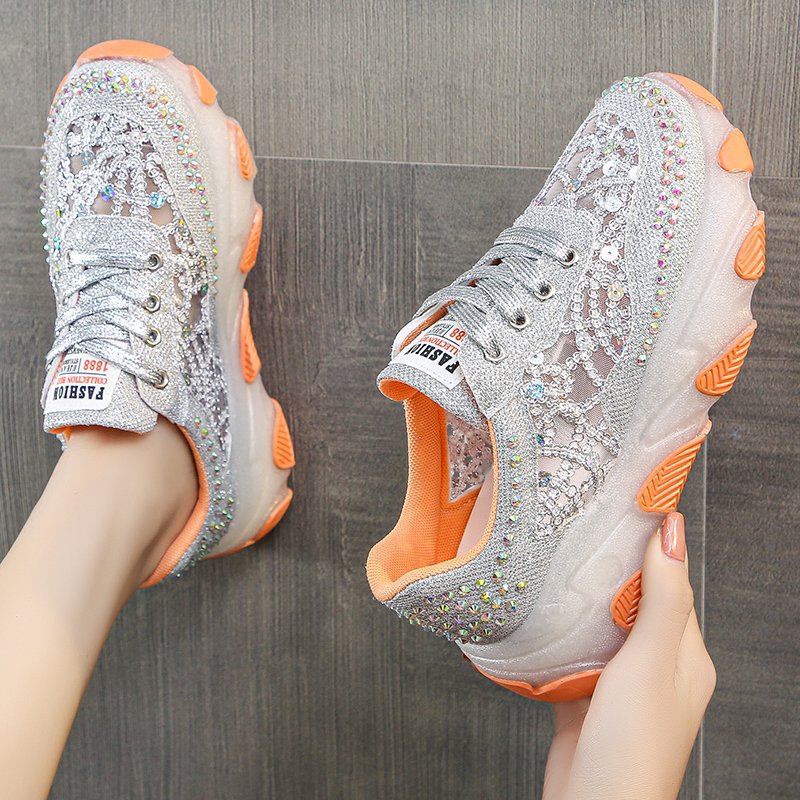 Womens Breathable Mesh Rhinestone Chunky-soled Trendy Dad Shoes