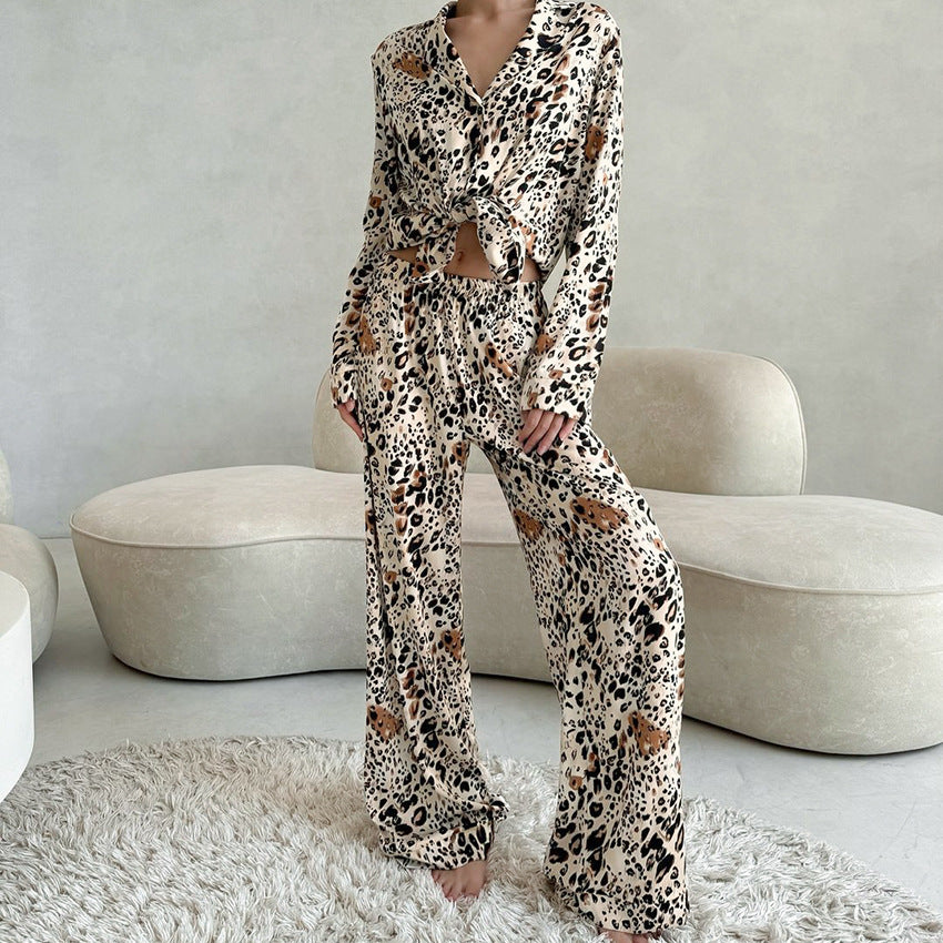 Leopard Print Floral Cardigan Pajamas For Women Long Sleeve Top And Pants For Lounging At Home