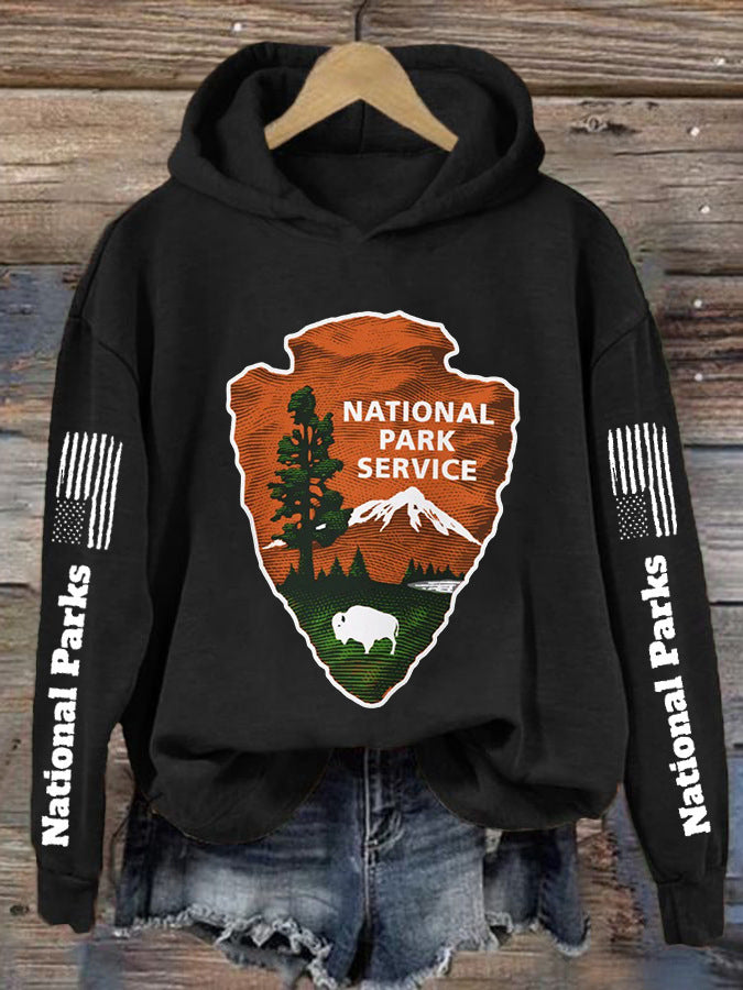 Womens Hooded Sweatshirt With A Forest And Mountain Peaks Design