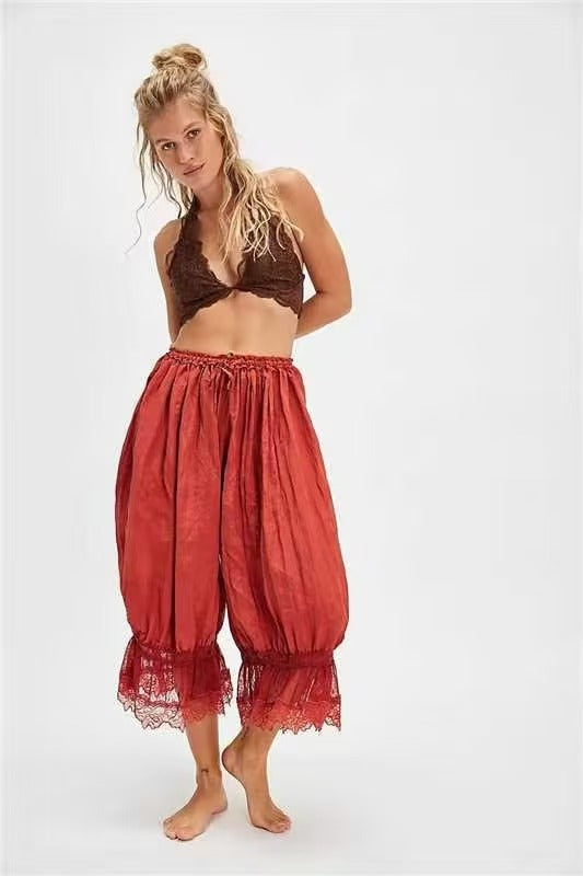 Womens Hollowed-Out Lace-Laced Loungewear Mid-Length Pants