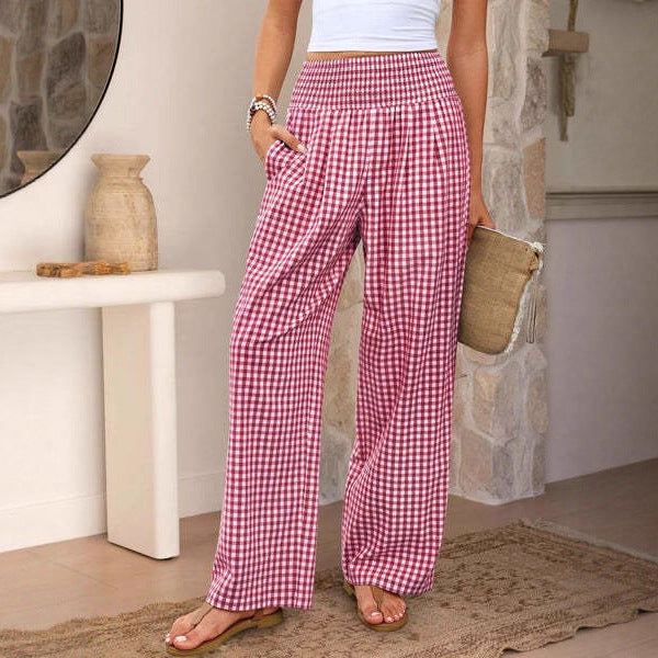 Plaid Casual Trousers Loose-fit Womens Fashion Wide-leg Pants With Pockets