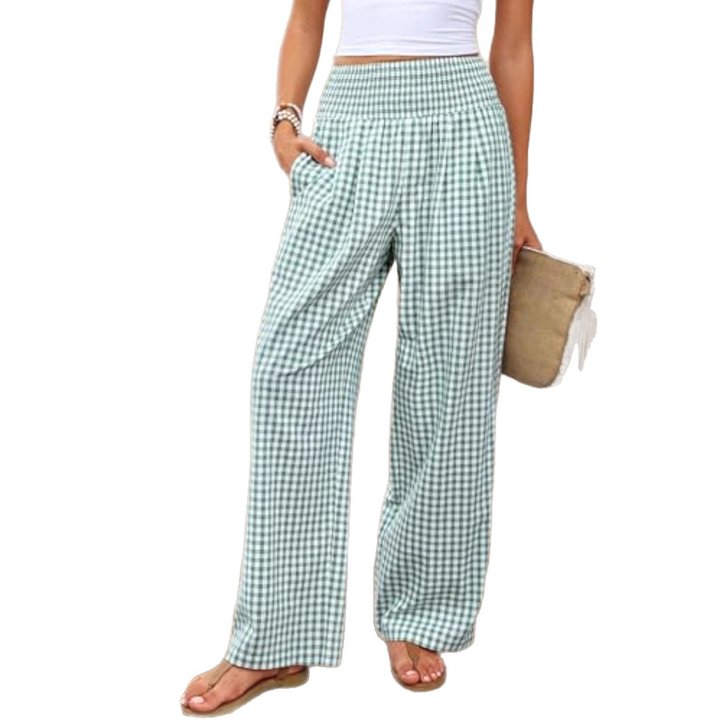Plaid Casual Trousers Loose-fit Womens Fashion Wide-leg Pants With Pockets