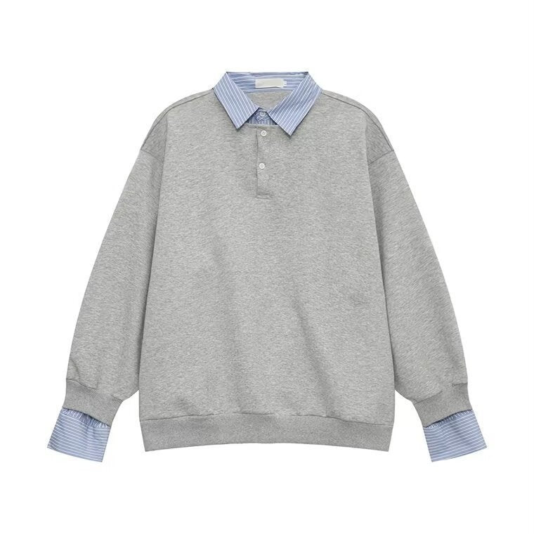 American-style Streetwear Faux Two-piece Fleece-lined Shirt-collar Hoodie