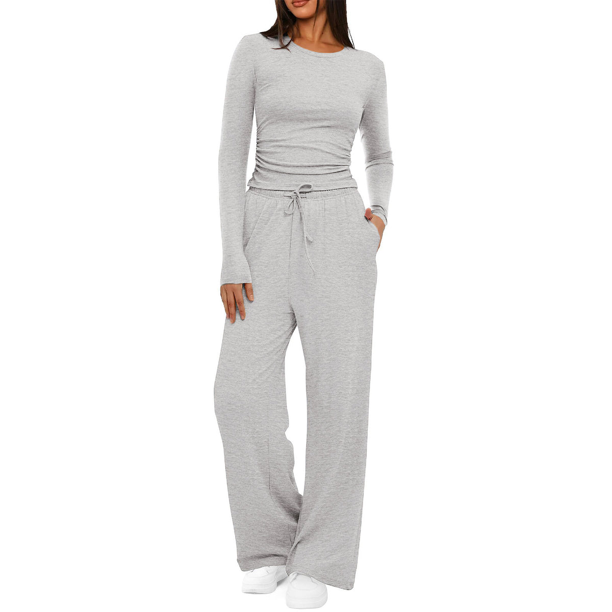 Womens Solid-Color Casual Top And Pants Set