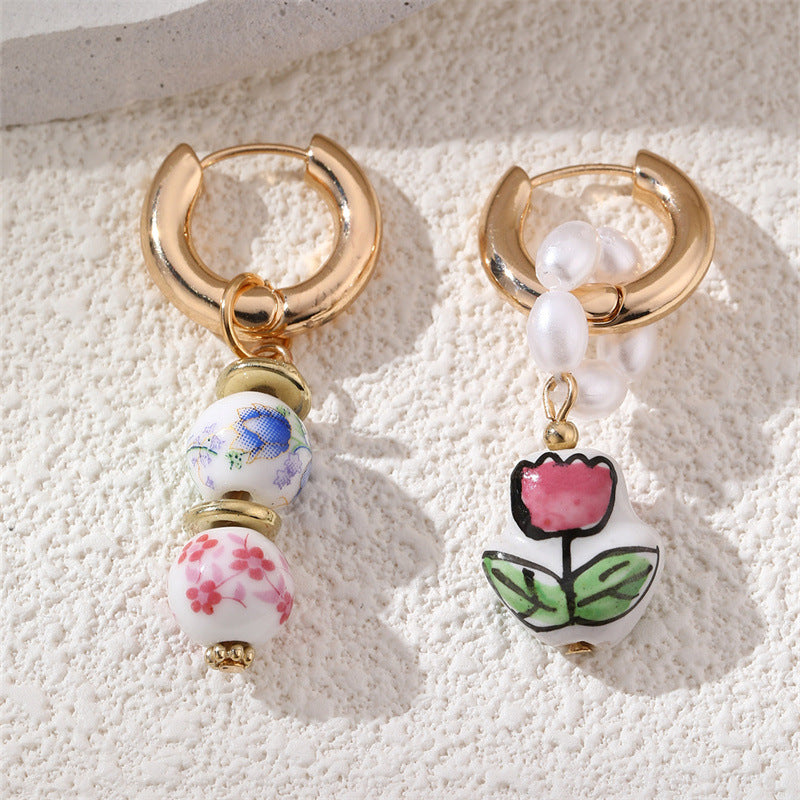 European And American Blue-and-White Porcelain Floral Pearl Earrings Sweet Womens Copper Ear Clips