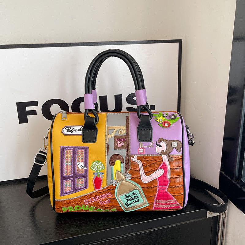 Premium Boston Tasche mit hoher Kapazität und gesticktem Patchwork-Design