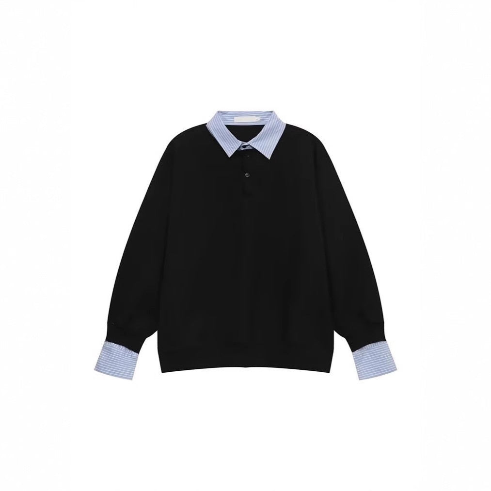 American-style Streetwear Faux Two-piece Fleece-lined Shirt-collar Hoodie