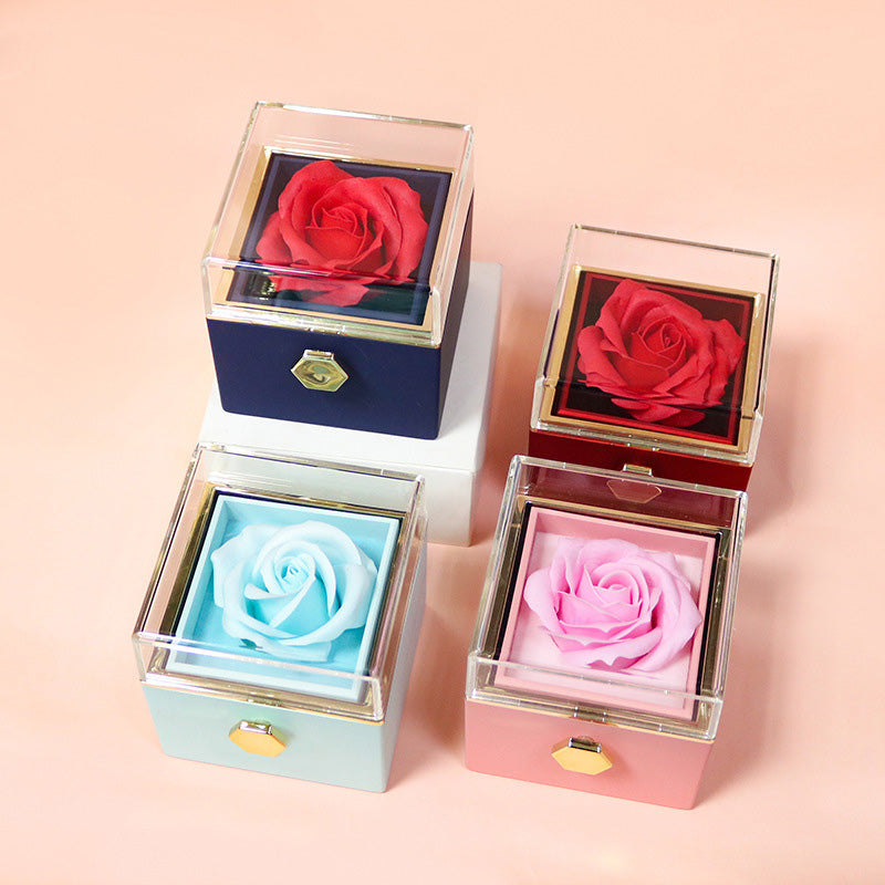 Caja de regalo giratoria con flor de jabón de rosa, caja creativa giratoria para empaquetar joyas con rosa, regalo del Día de San Valentín para mujeres