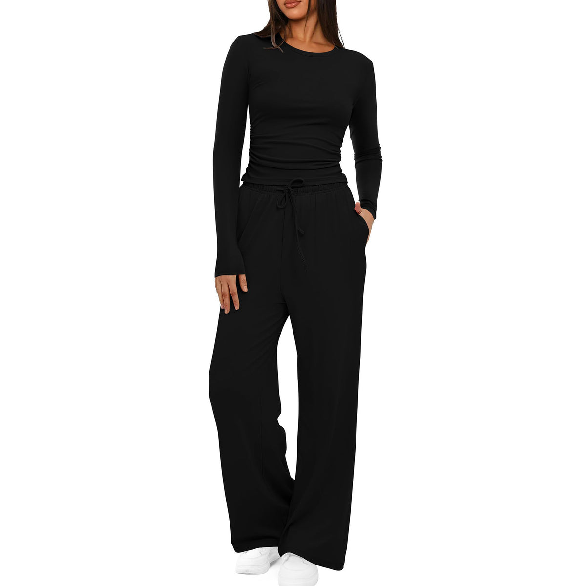 Womens Solid-Color Casual Top And Pants Set