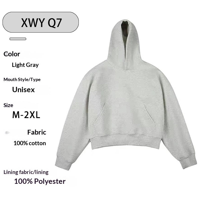 Loose Padded Cropped American High-street Style Fleece-lined Hooded Sweatshirt