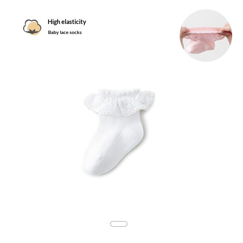 Solid-color Breathable Lace Socks With A Versatile Floral Trim For Little Girls
