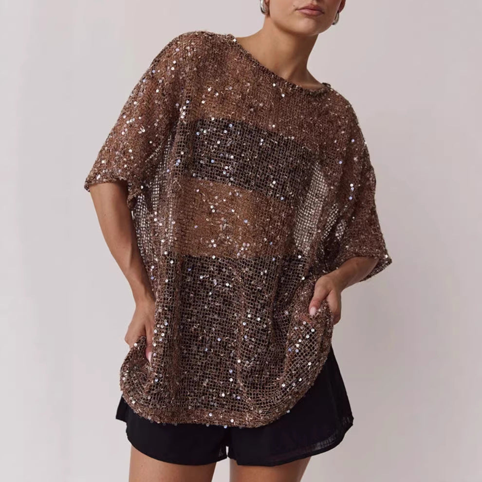Women's Loose Sheer Mesh Sequin Blouse