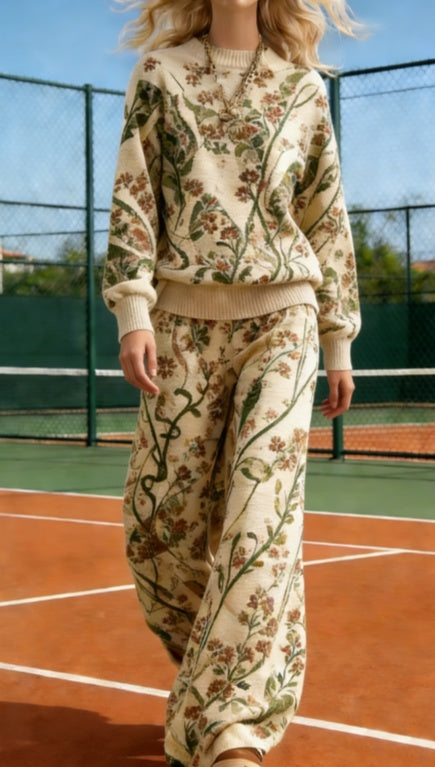 Women's American Retro Color Block Round Neck Long Sleeve Loose Knit Set