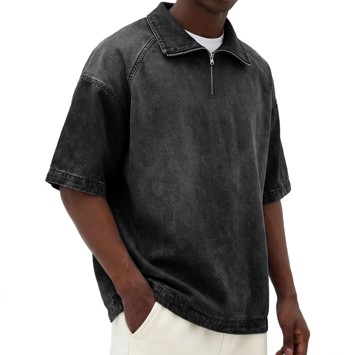 Mens Short-sleeve Lapel Zip-up T-shirt