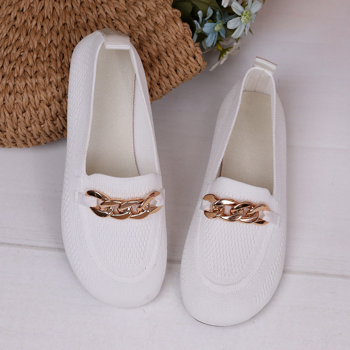 Womens Breathable Metal-chain Loafers With Soft Soles