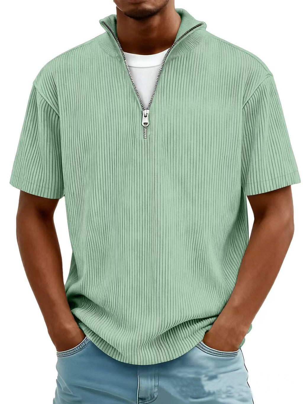 New Summer Men's Casual Stand-up Collar Corduroy Short-sleeved Shirt With Zipper