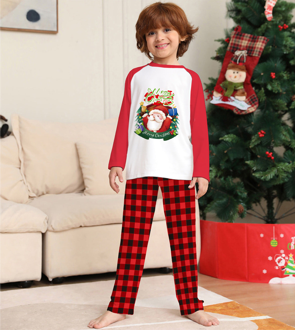 Weihnachts-Eltern-Kind-Kleidungsset Langarm-T-Shirt Karierte Hose Familie Passende Pyjamas