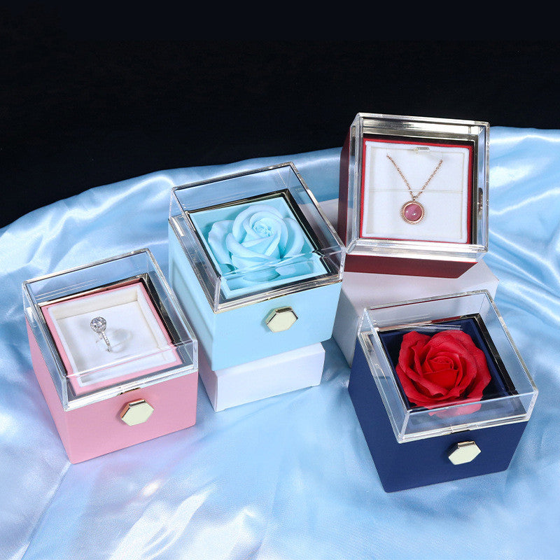 Caja de regalo giratoria con flor de jabón de rosa, caja creativa giratoria para empaquetar joyas con rosa, regalo del Día de San Valentín para mujeres