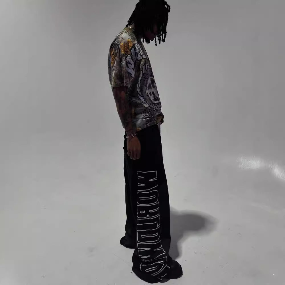 Pantalones casuales holgados con cordón y estampado de letras para mujer