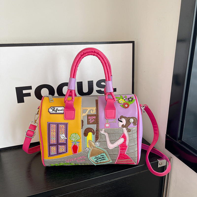 Premium Boston Tasche mit hoher Kapazität und gesticktem Patchwork-Design