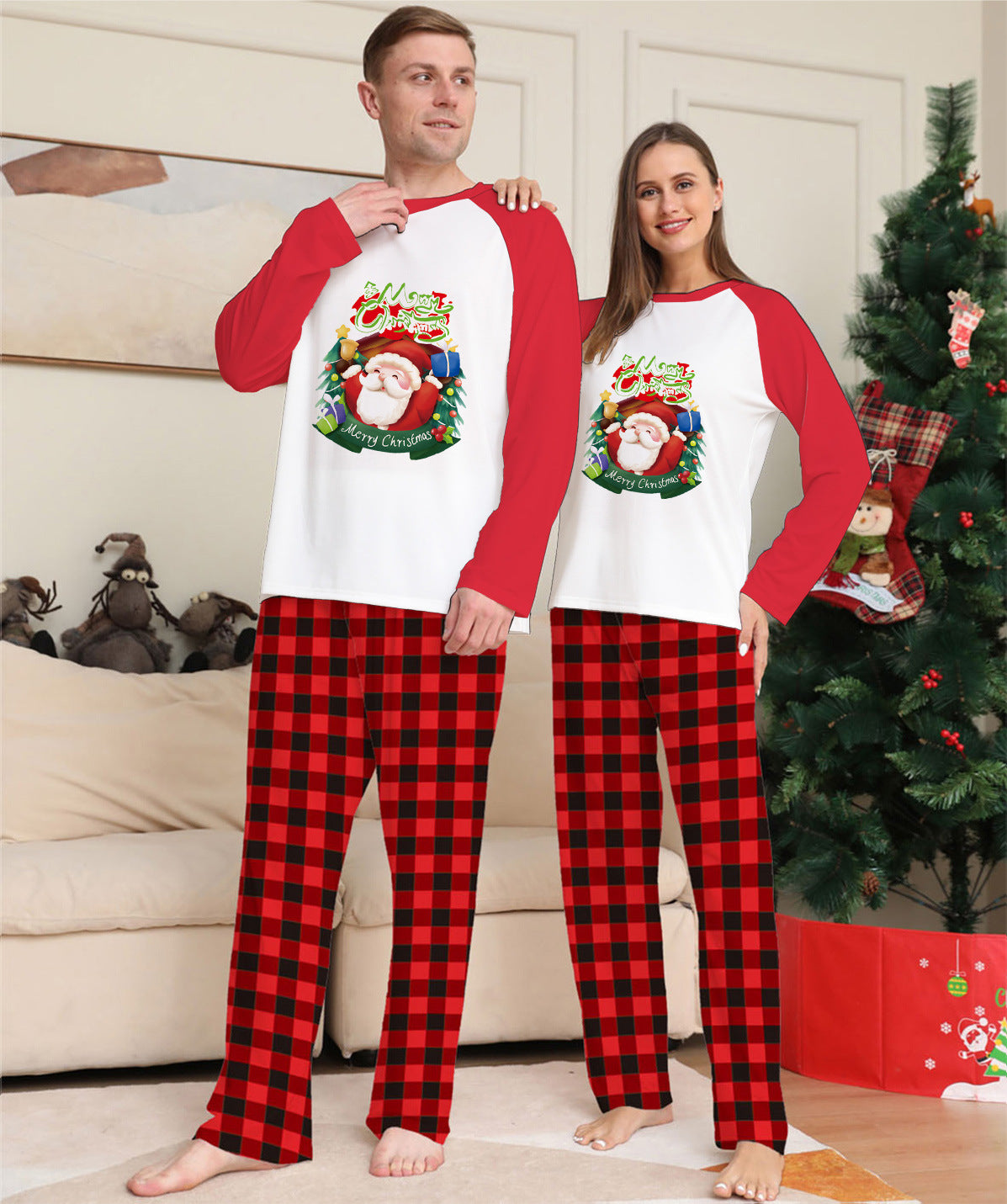 Weihnachts-Eltern-Kind-Kleidungsset Langarm-T-Shirt Karierte Hose Familie Passende Pyjamas