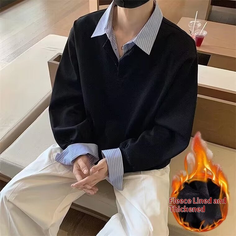 American-style Streetwear Faux Two-piece Fleece-lined Shirt-collar Hoodie