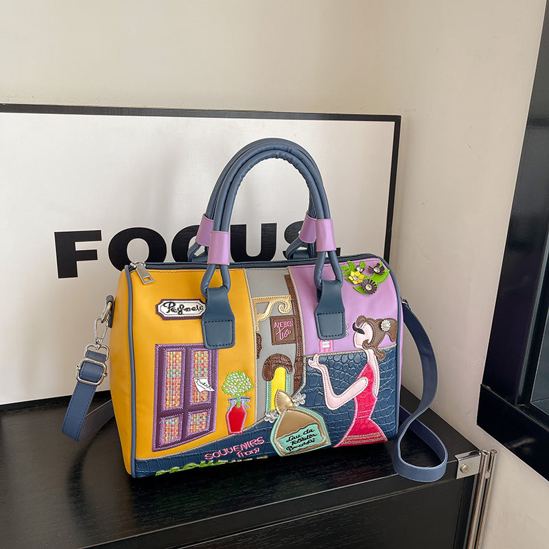 Premium Boston Tasche mit hoher Kapazität und gesticktem Patchwork-Design