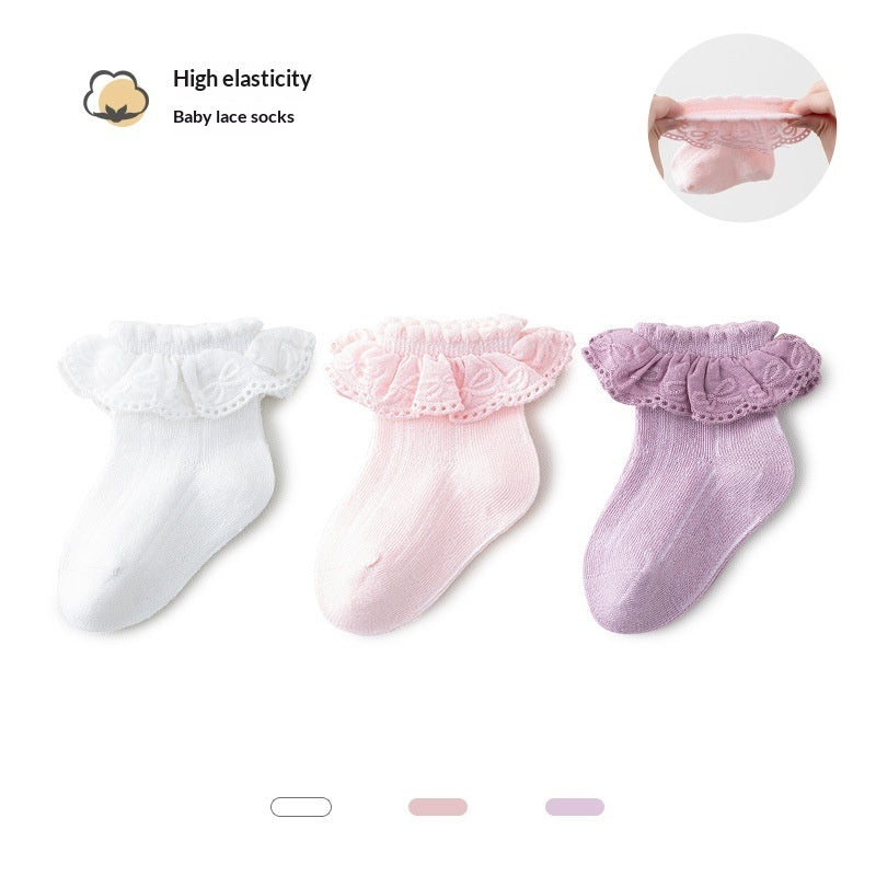 Solid-color Breathable Lace Socks With A Versatile Floral Trim For Little Girls