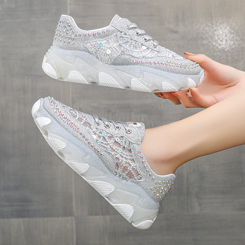 Womens Breathable Mesh Rhinestone Chunky-soled Trendy Dad Shoes
