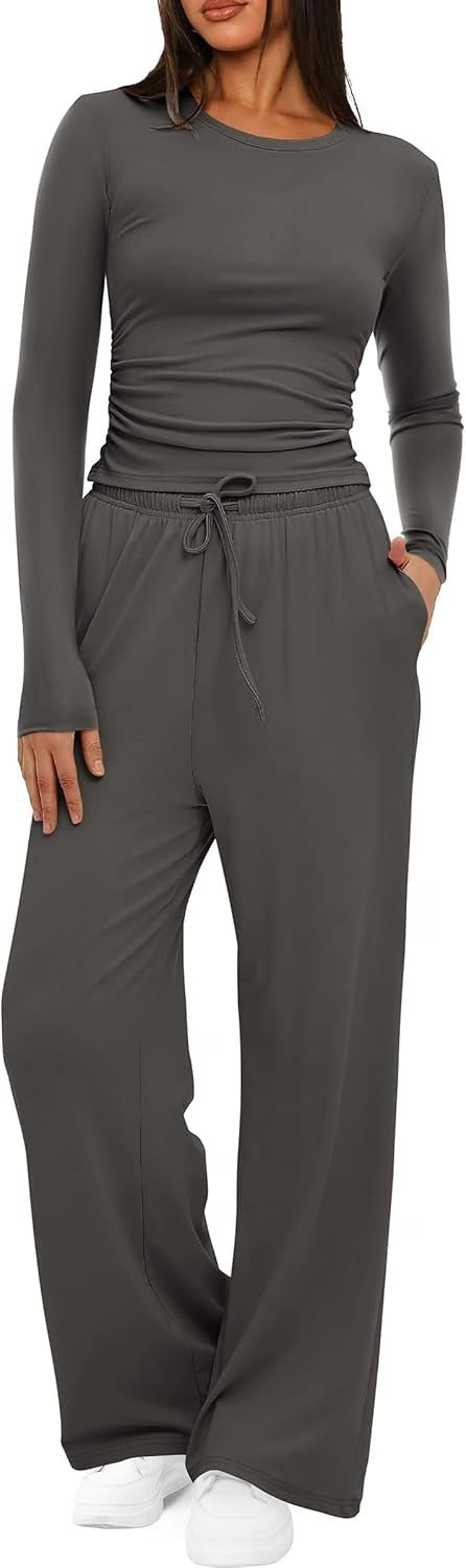 Womens Solid-Color Casual Top And Pants Set