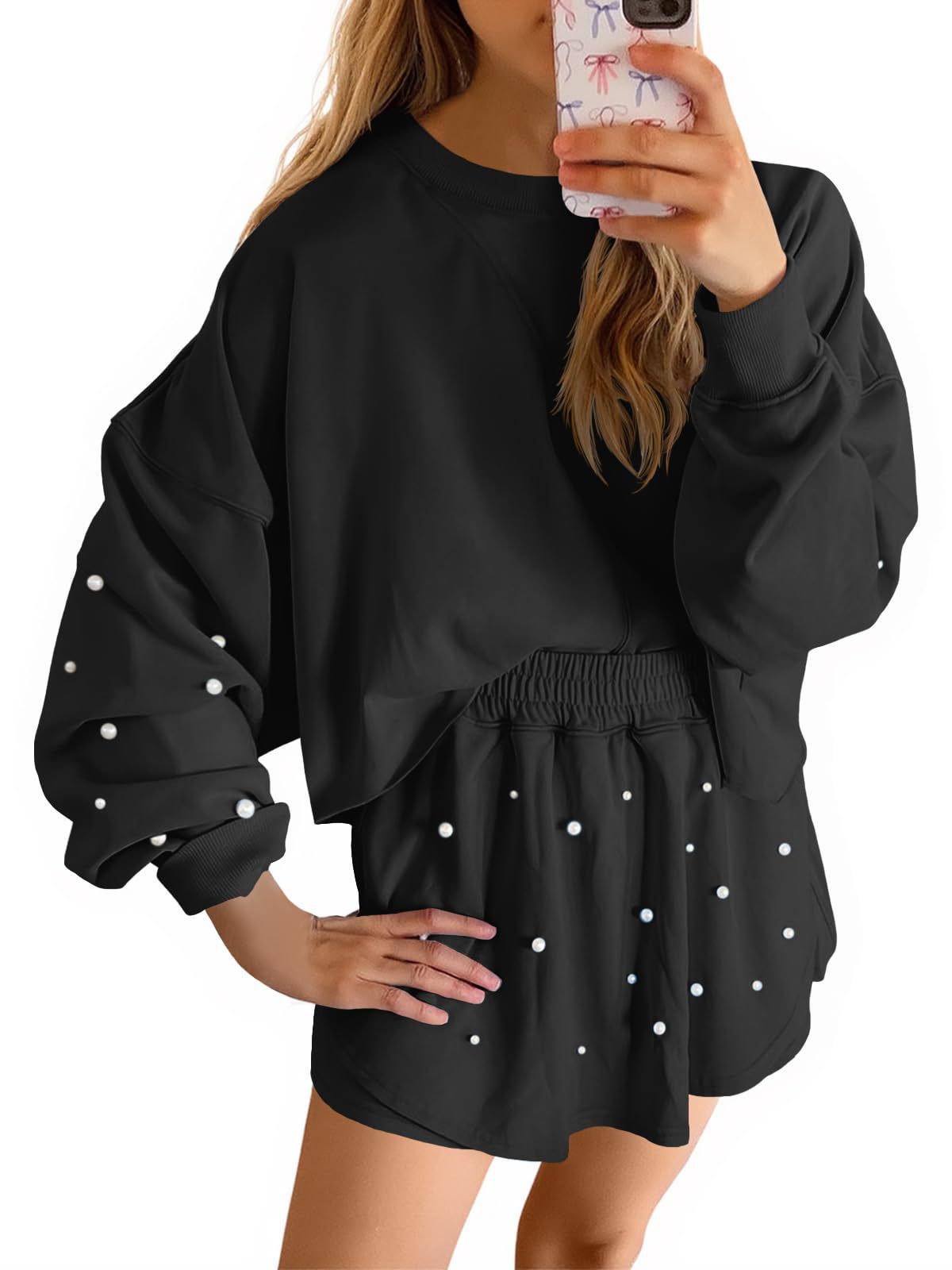 Womens Casual Long-sleeve Top And Shorts Set