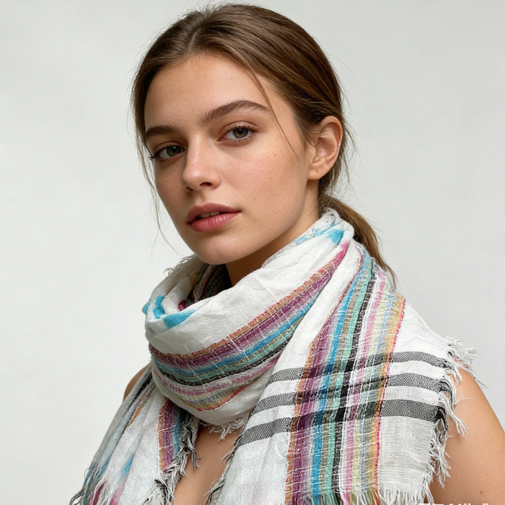 2pcs Colorful Striped Square Scarf With Fringes,Luxe Look For Evening Wear,Scarf,vacation,daily Life,evening Party,Office Appropriate Subtlety For Women Men
