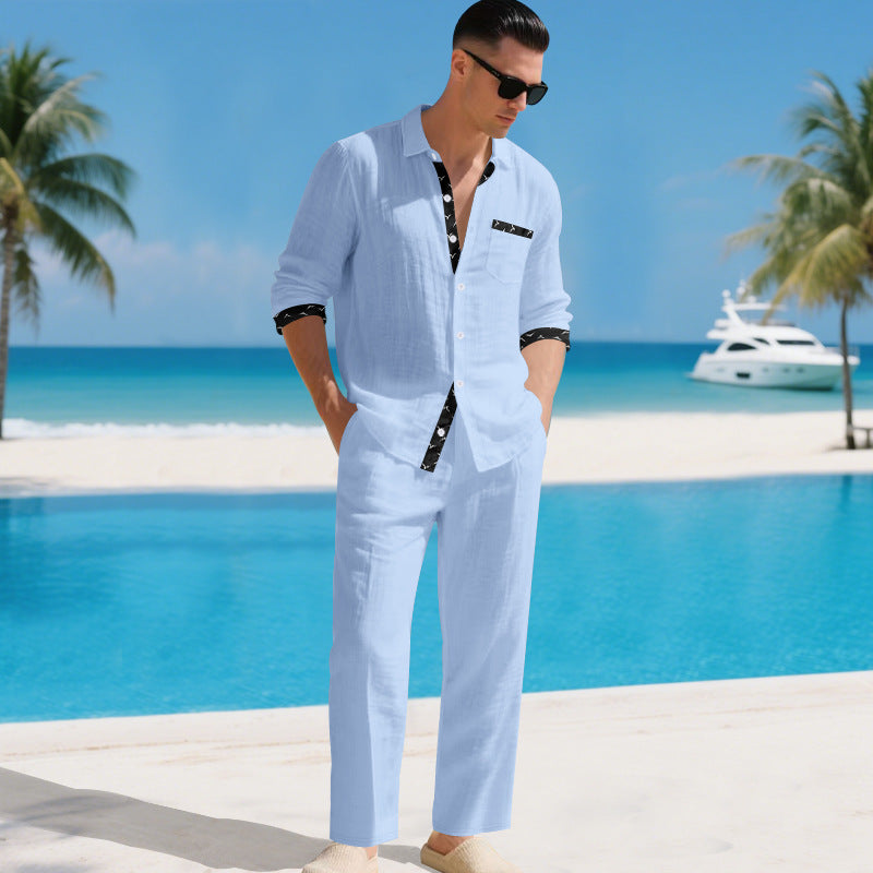 Mens Linen Shirt And Pants Two-piece Set