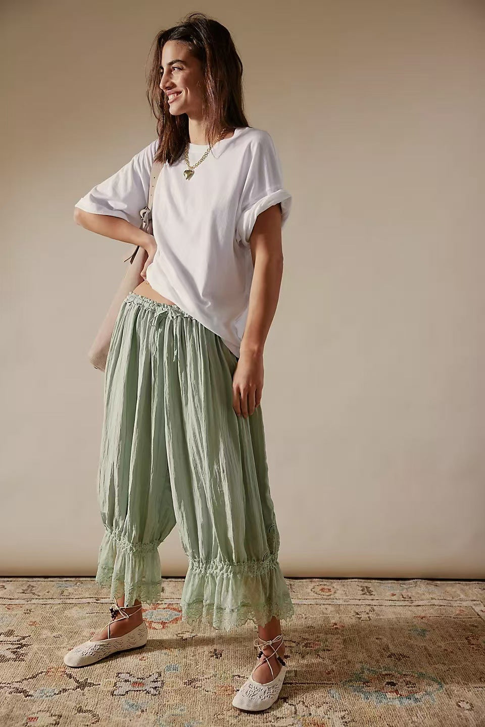 Womens Hollowed-Out Lace-Laced Loungewear Mid-Length Pants