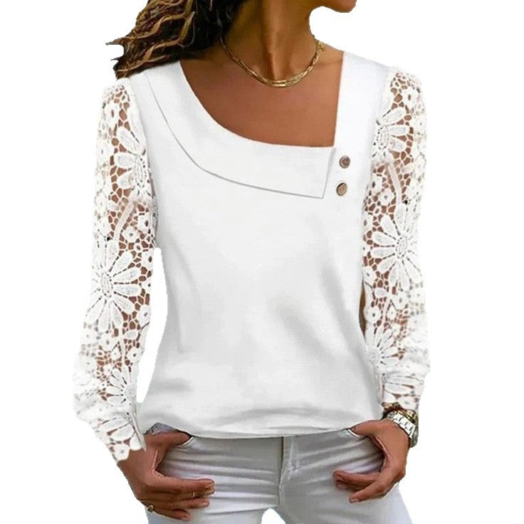 Womens Fashion Solid-Color Long-Sleeve Lace-Patchwork Shirt