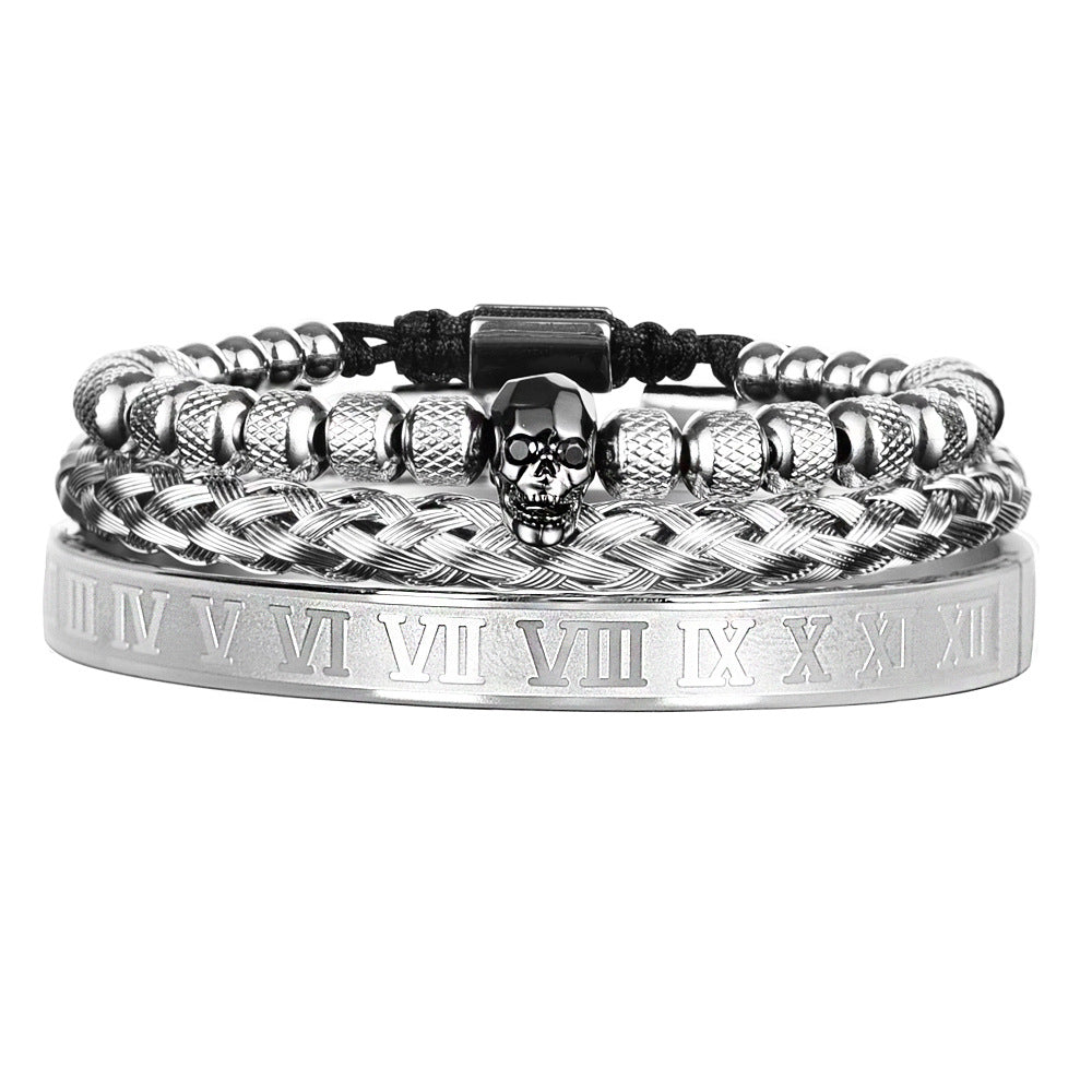 Cross-Section Ghost Head Braided Bracelet Set In Stainless Steel