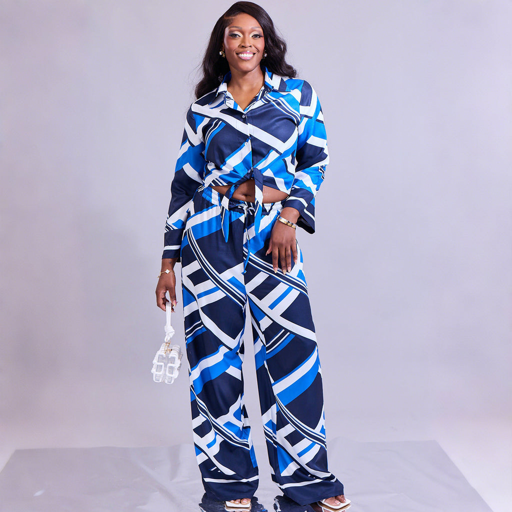 Long-sleeve Tie-neck Lapel Shirt And Wide-leg Pants Set