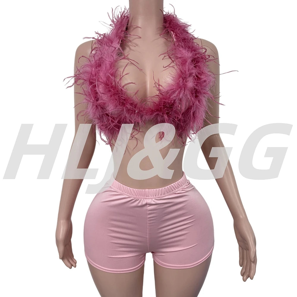 HLJ&GG Fashion Y2K Fur Hollow Out Streetwear Women Sleeveless Slim Crop Top And Shorts Outfits Female Trend 2pcs Outfits 2025