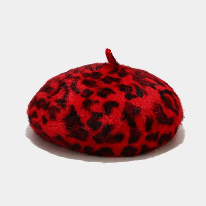 2020 Autumn Winter Leopard Print Warm Rabbit Fur Octagonal Hats for Women and Girl Berets Painter Hat Beanie Cap 11